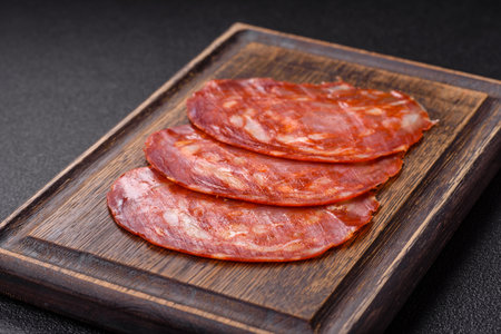 Delicious smoked meat sliced with salt, spices and herbs on a dark concrete backgroundの写真素材