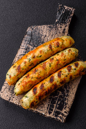 Delicious fresh vegetarian sausage or sausage made from vegetable protein tofu or seitan legumes, lean wheat with salt and spices on texture backgroundの写真素材