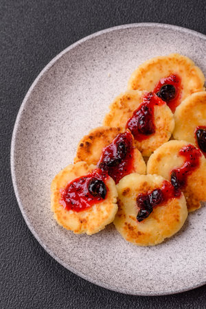 Delicious fresh sweet cheese pancakes with raisins and cinnamon on a ceramic plate