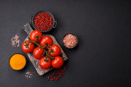 Juicy ripe red tomatoes on a branch as an ingredient for cooking at homeの写真素材