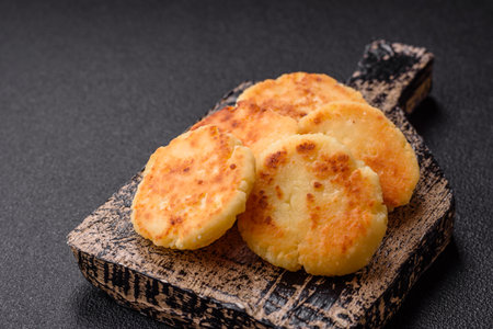 Delicious fresh sweet cheese pancakes with raisins and cinnamon on a ceramic plateの写真素材