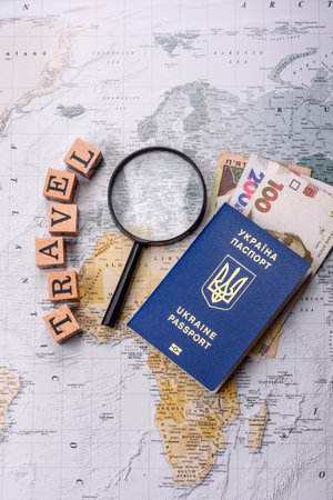 Conceptual background for travel with passport, magnifying glass, world map and money. Wallpaper for your designの写真素材