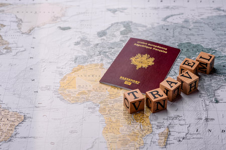 Conceptual background for travel with passport, magnifying glass, world map and money. Wallpaper for...