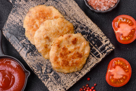Delicious fresh fried minced fish cutlets with spices and herbs on a dark concrete background