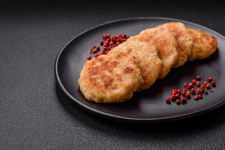 Delicious fresh fried minced fish cutlets with spices and herbs on a dark concrete backgroundの写真素材