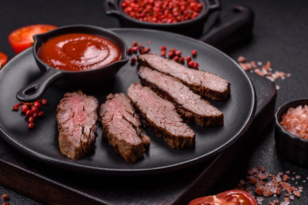 Fresh juicy delicious beef steak on a dark background. Meat dish with spices and herbsの写真素材