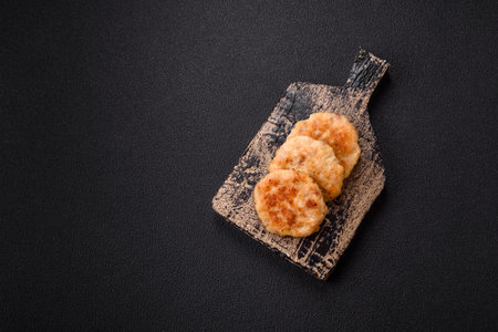 Delicious fresh fried minced fish cutlets with spices and herbs on a dark concrete background