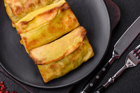 Homemade fried pancakes with filling on a ceramic plate on a dark concrete background