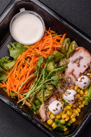Fresh juicy salad with meat, mozzarella, carrots, lettuce, corn and zucchini with sauce and flax grainsの写真素材