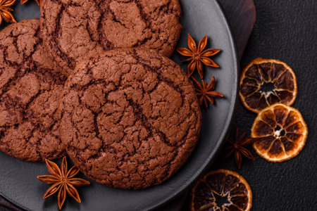 Delicious crispy round oatmeal cookies with chocolate on a dark concrete background