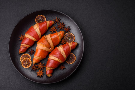 Delicious fresh crispy croissants with chocolate filling. Baked goods for morning coffeeの写真素材