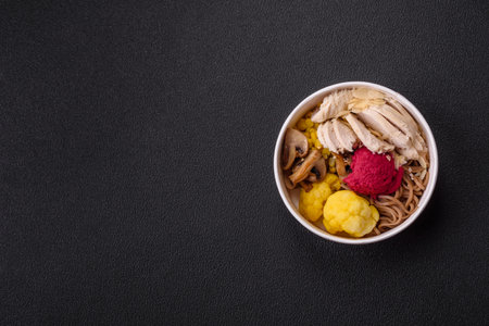 Asian dish with sliced chicken fillet, buckwheat noodles, soy sauce, and vegetablesの写真素材