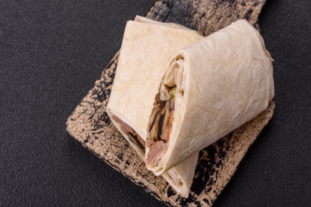 Delicious traditional shawarma or doner kebab with beef, mushrooms and sauce on a dark concrete...