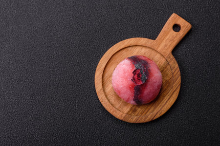 Delicious cold Japanese mochi dessert with colorful rice dough shell and fruit filling on dark concrete backgroundの写真素材