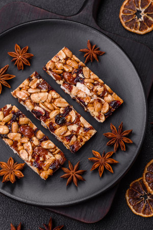 Delicious sweet nutrition bars with nuts, dried berries gluten free on dark concrete backgroundの写真素材