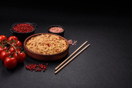 Delicious hot boiled wheat porridge couscous with vegetables, vegan, vegetarian food on a dark...