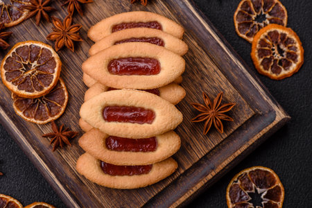 Delicious sweet crispy cookies with jam filling in the center on a dark concrete backgroundの写真素材