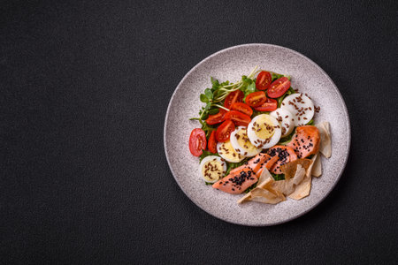 Fresh caesar salad with salmon, lettuce, tomatoes and egg on dark concrete backgroundの写真素材