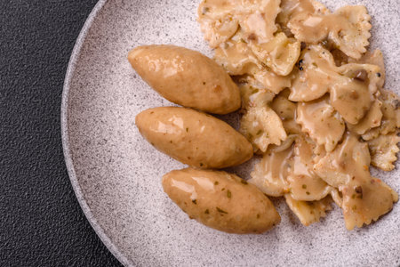 Fish or meat quenelles with delicate mushroom sauce, salt and spices on a dark concrete backgroundの写真素材