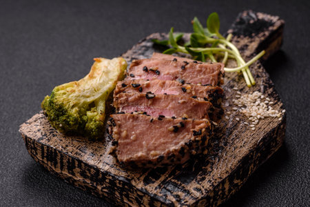 Bowl with slices of baked tuna with broccoli, tomatoes and fusili pasta, with salt and spices on dark concrete backgroundの写真素材