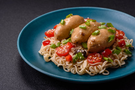 Chicken with vegetables, salt and spices in mushroom sauce on a dark concrete backgroundの写真素材