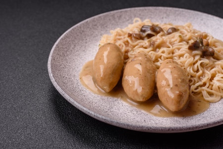 Fish or meat quenelles with vegetables, salt and spices in mushroom sauce on a dark concrete backgroundの写真素材