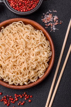 Rice noodles with mushrooms, vegetables, spices and herbs. Asian cuisine foodの写真素材