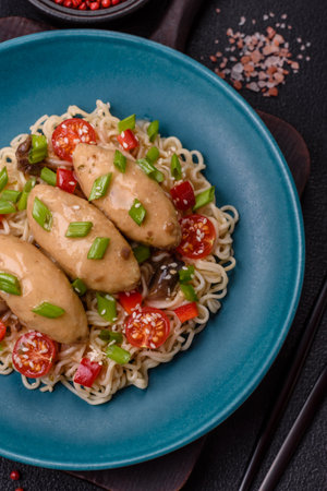 Fish or meat quenelles with vegetables, salt and spices in mushroom sauce on a dark concrete backgroundの写真素材