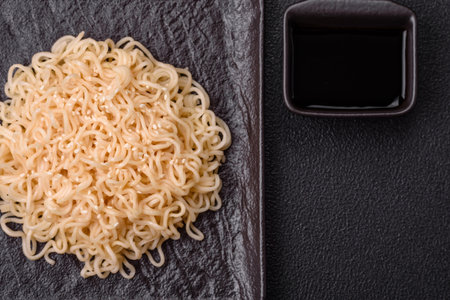 Rice noodles with mushrooms, vegetables, spices and herbs. Asian cuisine foodの写真素材