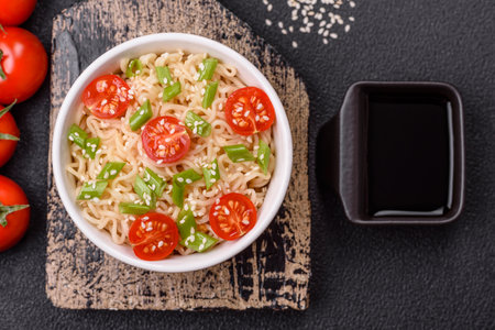 Rice noodles with mushrooms, vegetables, spices and herbs. Asian cuisine foodの写真素材