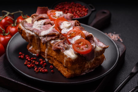 Sandwich with brioche bun, roast beef, tomatoes, stracciatelloの写真素材