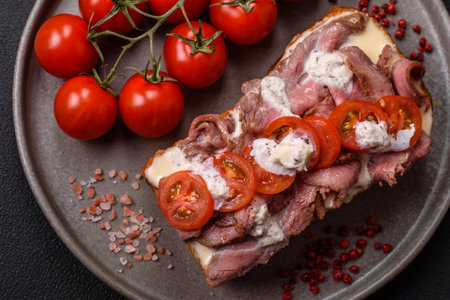 Sandwich with brioche bun, roast beef, tomatoes, stracciatello and vitello tonato sauceの写真素材