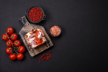 Sandwich with brioche bun, roast beef, tomatoes, stracciatello and vitello tonato sauceの写真素材