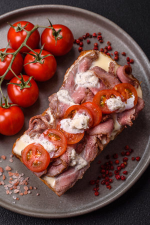 Sandwich with brioche bun, roast beef, tomatoes, stracciatello and vitello tonato sauceの写真素材