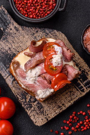 Sandwich with brioche bun, roast beef, tomatoes, stracciatello and vitello tonato sauceの写真素材