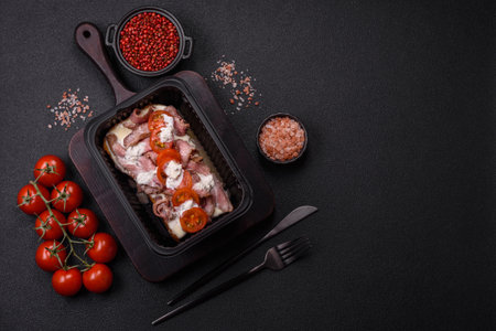 Sandwich with brioche bun, roast beef, tomatoes, stracciatello and vitello tonato sauceの写真素材