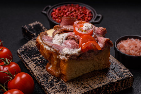 Sandwich with brioche bun, roast beef, tomatoes, stracciatello and vitello tonato sauceの写真素材