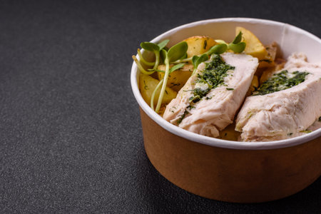 Chicken roulade with spinach, cheese, spices, salt and herbs on dark concrete backgroundの写真素材