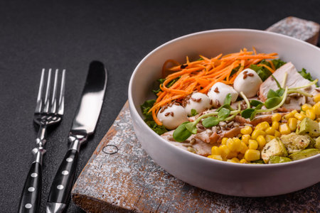 Delicious diet salad with turkey or chicken slices, lettuce, carrots, mozzarella, corn and zucchini. Diet foodの写真素材