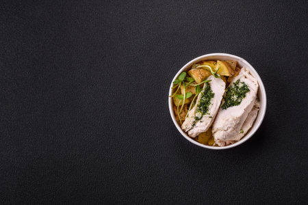 Chicken with potatoes and herbs on dark concrete backgroundの写真素材