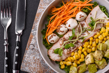 Delicious diet salad with turkey or chicken slices, lettuce, carrots, mozzarella, corn and zucchini. Diet foodの写真素材