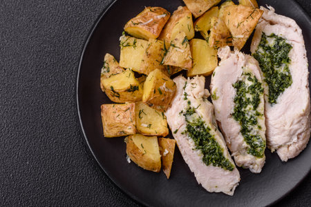 Chicken roulade with spinach, cheese, spices, salt and herbs on dark concrete backgroundの写真素材