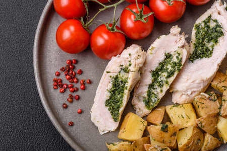 Chicken roulade with spinach, cheese, spices, salt and herbs on dark concrete backgroundの写真素材