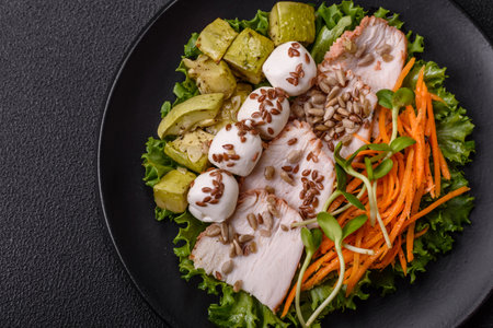 Delicious diet salad with turkey or chicken slices, lettuce, carrots, mozzarella, corn and zucchini.の写真素材