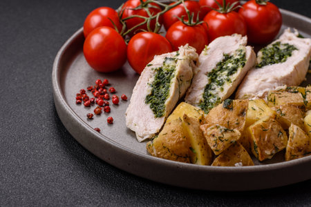 Chicken roulade with spinach, cheese, spices, salt and herbs on dark concrete background