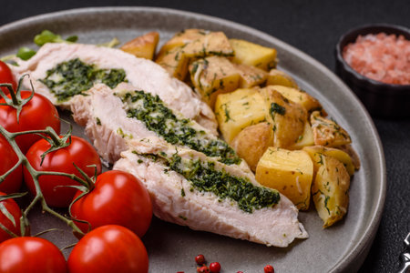 Chicken roulade with spinach, cheese, spices, salt and herbs on dark concrete backgroundの写真素材