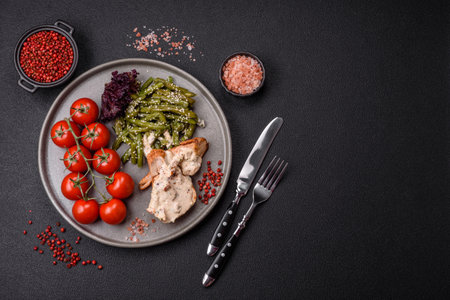 Asian food chicken breast with green beans, sesame seeds and sauce on dark concrete backgroundの写真素材