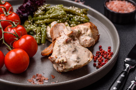 Baked chicken breast with green beans, sesame seeds and sauce on dark concrete backgroundの写真素材