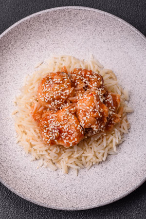 Asian food with rice and meat with sweet and sour sauce, spices and herbs on a dark concrete backgroundの写真素材