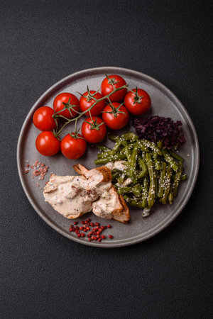 Asian food chicken breast with green beans, sesame seeds and sauce on dark concrete backgroundの写真素材
